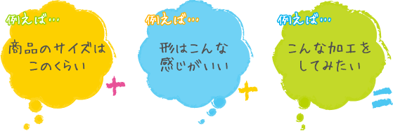 例えば… 商品のサイズはこのくらい 例えば… 形はこんな感じがいい 例えば… こんな加工がしてみたい