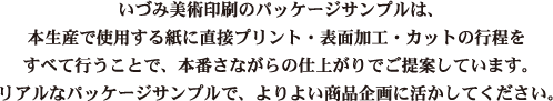 いづみ美術印刷のパッケージサンプルは、本生産で使用する紙に直接プリント・表面加工・カットの工程をすべて行うことで、本番さながらの仕上がりでご提案しています。リアルなパッケージサンプルで、よりよい商品企画に活かしてください。